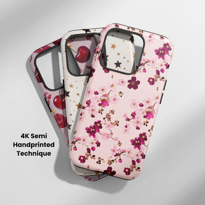 เคส iPhone สีเชอร์รี่ด้านเนื้อแข็งพิมพ์ลายด้วยมือสองชั้น