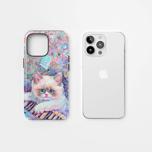 雙層半手工印花硬質霧面布娃娃貓 iPhone 手機殼