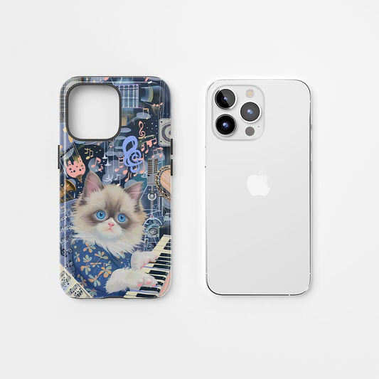 雙層半手工印花硬質霧面布娃娃貓 iPhone 手機殼