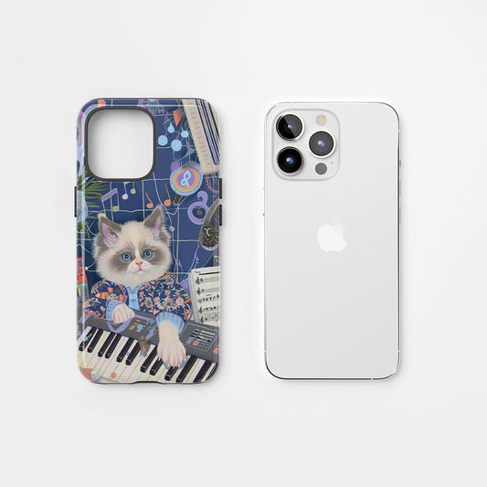 雙層半手工印花硬質霧面布娃娃貓 iPhone 手機殼