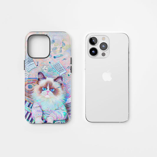 雙層半手工印花硬質霧面布娃娃貓 iPhone 手機殼