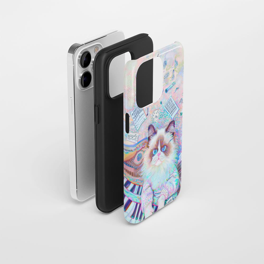 雙層半手工印花硬質霧面布娃娃貓 iPhone 手機殼