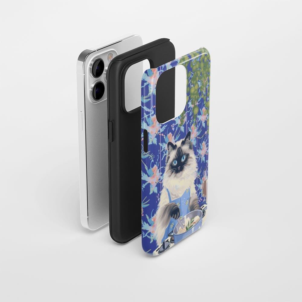 雙層半手工印花硬質霧面布娃娃貓 iPhone 手機殼