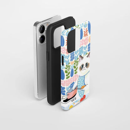 雙層半手工印花硬質霧面布娃娃貓 iPhone 手機殼