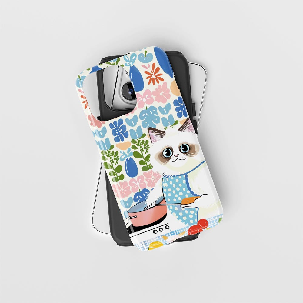 雙層半手工印花硬質霧面布娃娃貓 iPhone 手機殼