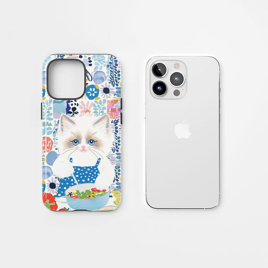 雙層半手工印花硬質霧面布娃娃貓 iPhone 手機殼