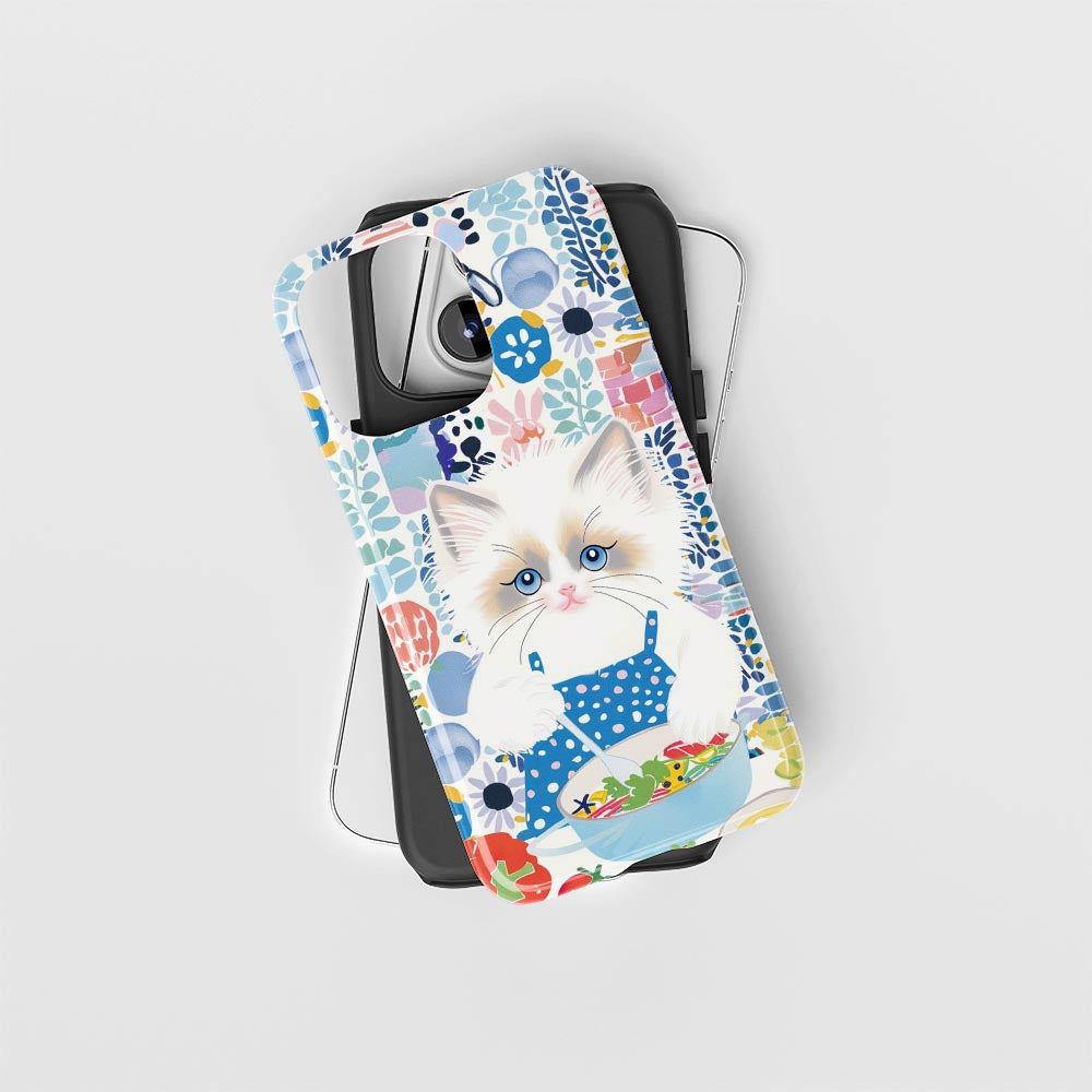 雙層半手工印花硬質霧面布娃娃貓 iPhone 手機殼