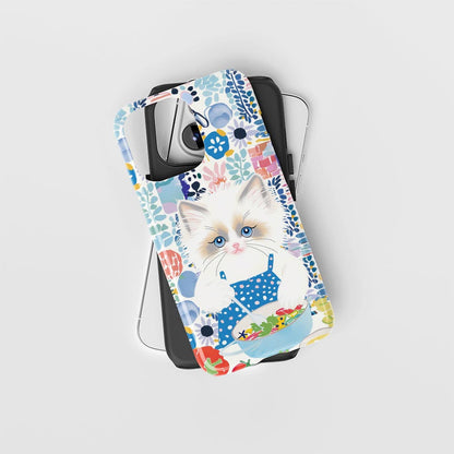 雙層半手工印花硬質霧面布娃娃貓 iPhone 手機殼