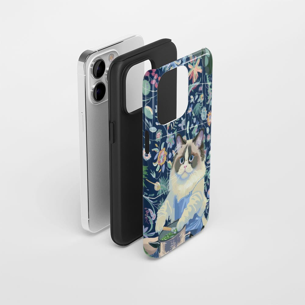 雙層半手工印花硬質霧面布娃娃貓 iPhone 手機殼