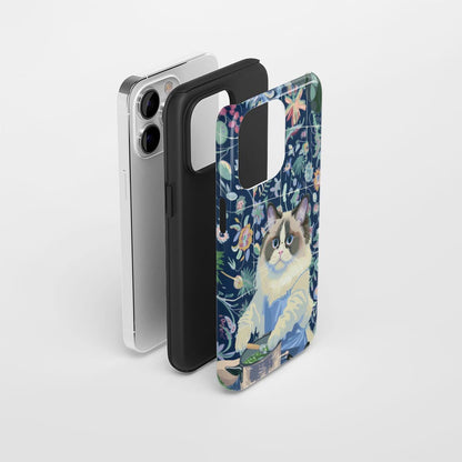 雙層半手工印花硬質霧面布娃娃貓 iPhone 手機殼