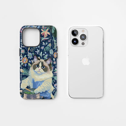 雙層半手工印花硬質霧面布娃娃貓 iPhone 手機殼