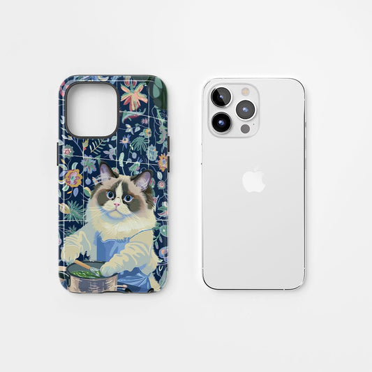 雙層半手工印花硬質霧面布娃娃貓 iPhone 手機殼