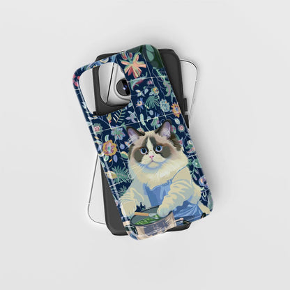 雙層半手工印花硬質霧面布娃娃貓 iPhone 手機殼