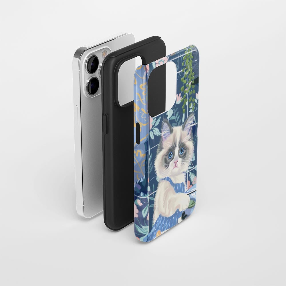 雙層半手工印花硬質霧面布娃娃貓 iPhone 手機殼