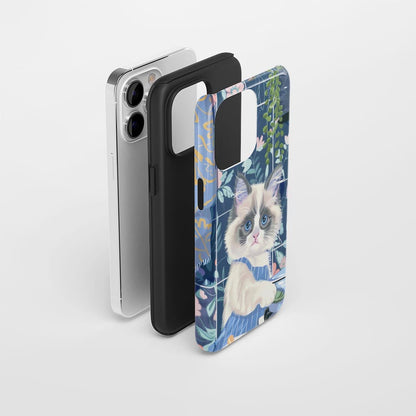 雙層半手工印花硬質霧面布娃娃貓 iPhone 手機殼