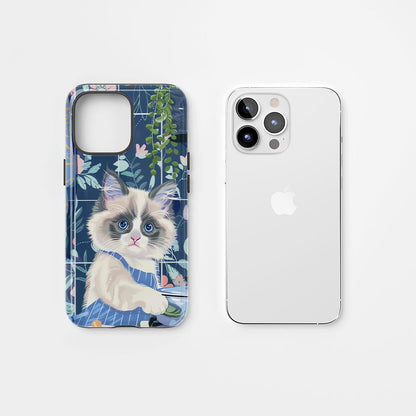 雙層半手工印花硬質霧面布娃娃貓 iPhone 手機殼