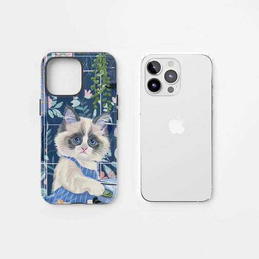 雙層半手工印花硬質霧面布娃娃貓 iPhone 手機殼