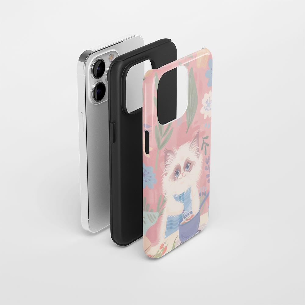 雙層半手工印花硬質霧面布娃娃貓 iPhone 手機殼