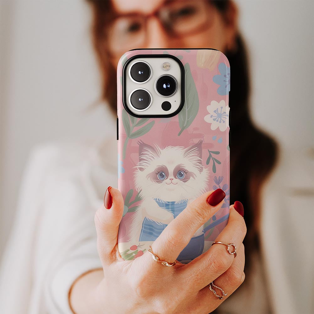 雙層半手工印花硬質霧面布娃娃貓 iPhone 手機殼