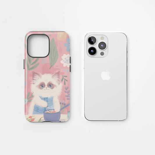 雙層半手工印花硬質霧面布娃娃貓 iPhone 手機殼