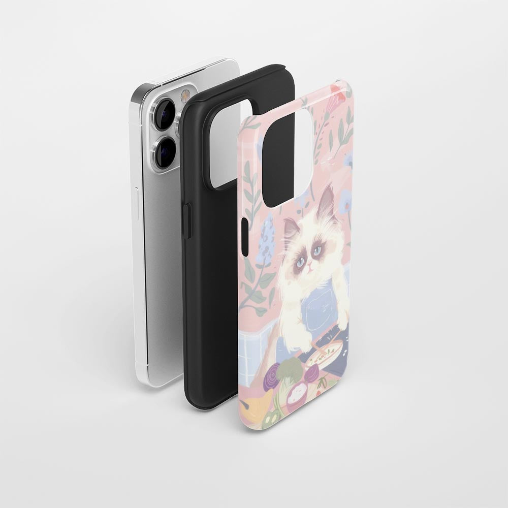 雙層半手工印花硬質霧面布娃娃貓 iPhone 手機殼