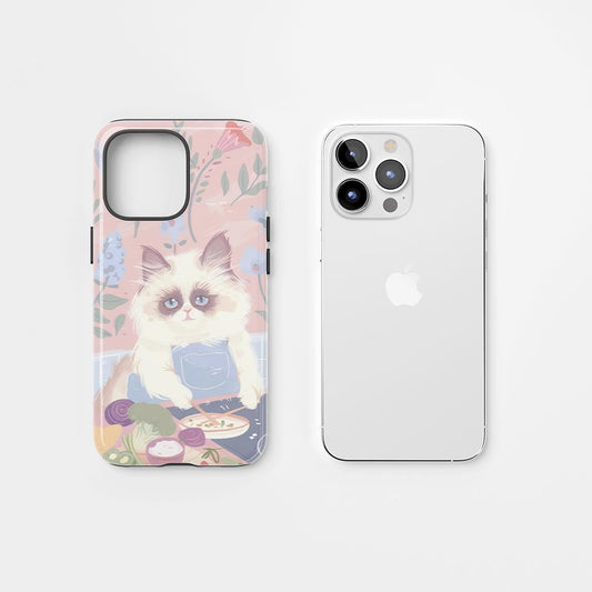 雙層半手工印花硬質霧面布娃娃貓 iPhone 手機殼
