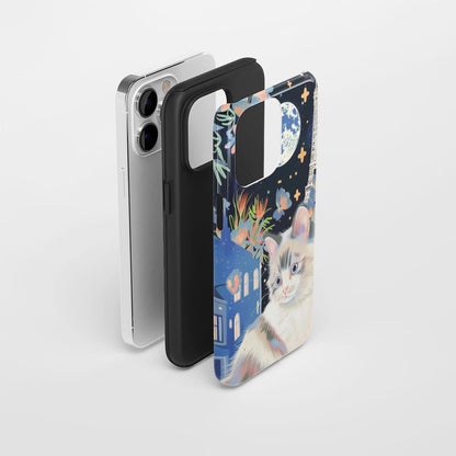 雙層半手工印花硬質霧面布娃娃貓 iPhone 手機殼