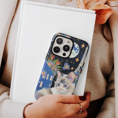 雙層半手工印花硬質霧面布娃娃貓 iPhone 手機殼