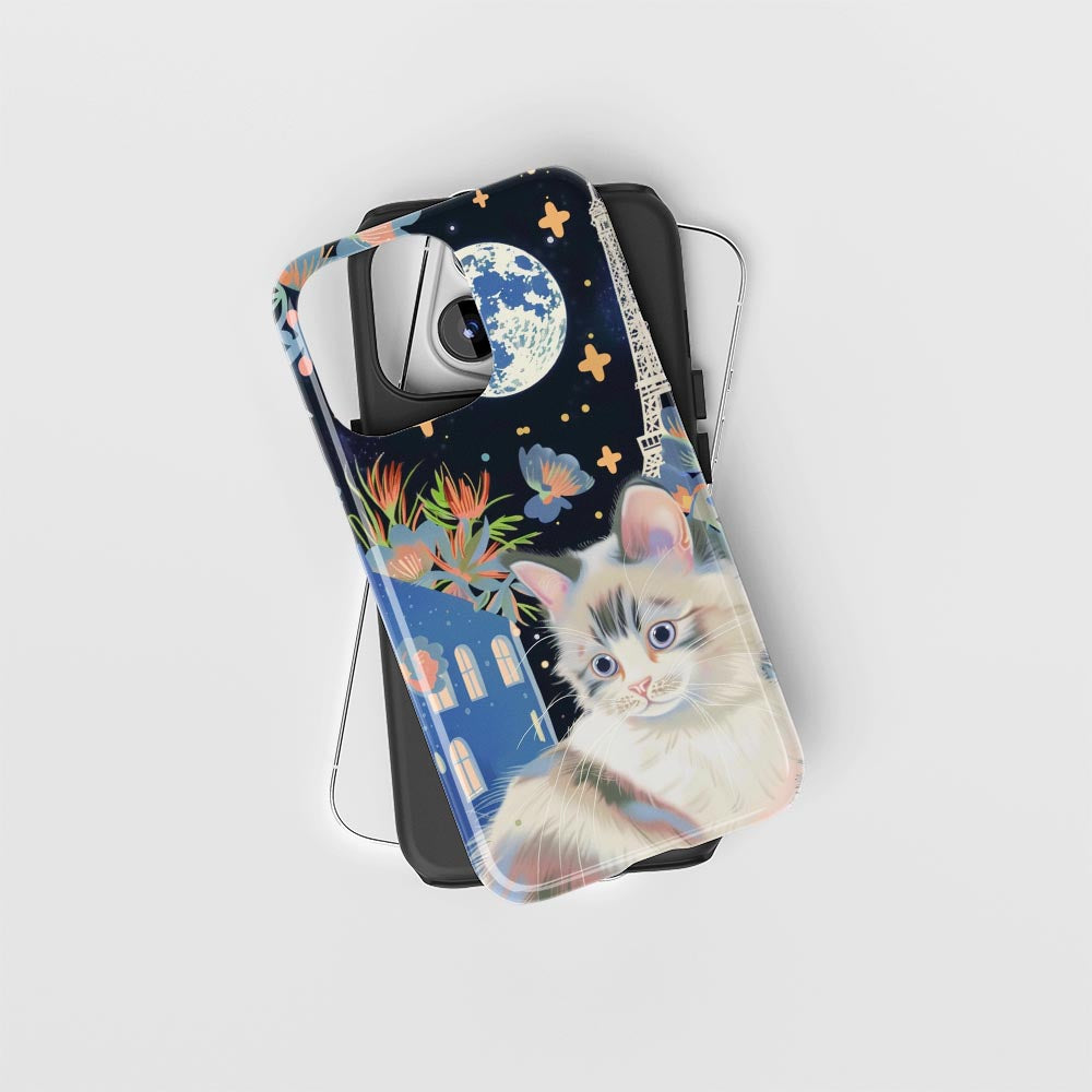 雙層半手工印花硬質霧面布娃娃貓 iPhone 手機殼