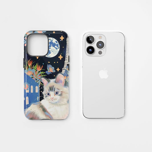 雙層半手工印花硬質霧面布娃娃貓 iPhone 手機殼