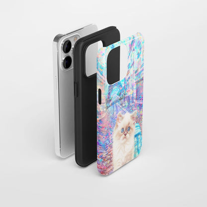 雙層半手工印花硬質霧面布娃娃貓 iPhone 手機殼