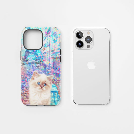 雙層半手工印花硬質霧面布娃娃貓 iPhone 手機殼