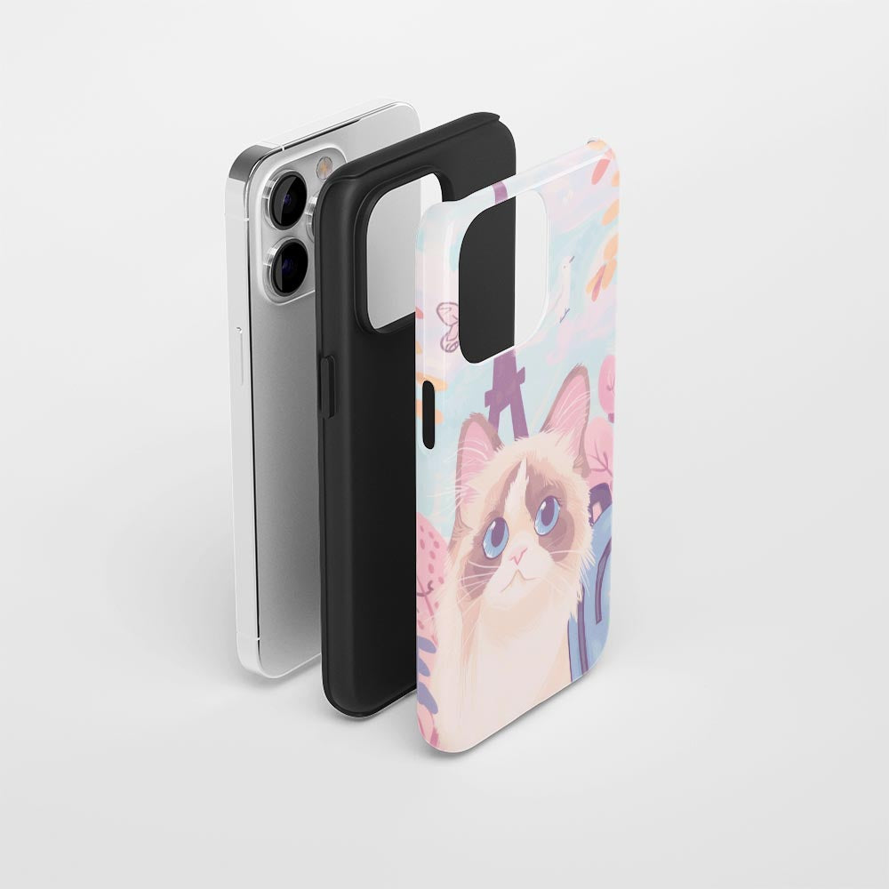 雙層半手工印花硬質霧面布娃娃貓 iPhone 手機殼