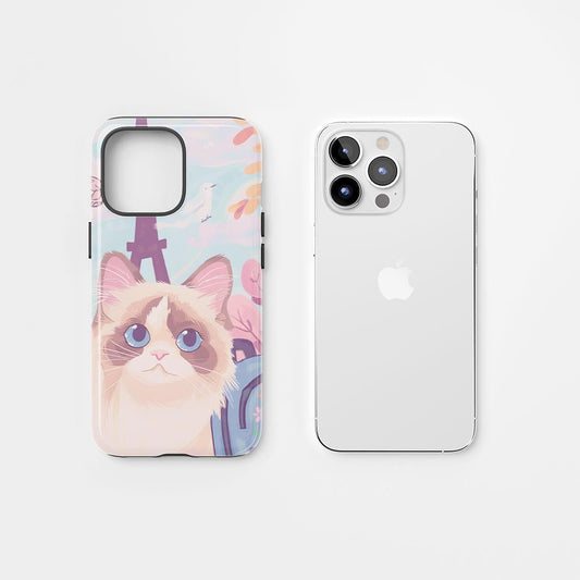 雙層半手工印花硬質霧面布娃娃貓 iPhone 手機殼