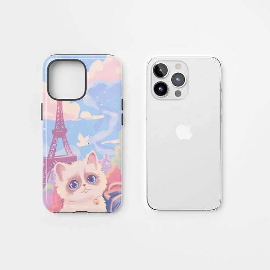 雙層半手工印花硬質霧面布娃娃貓 iPhone 手機殼