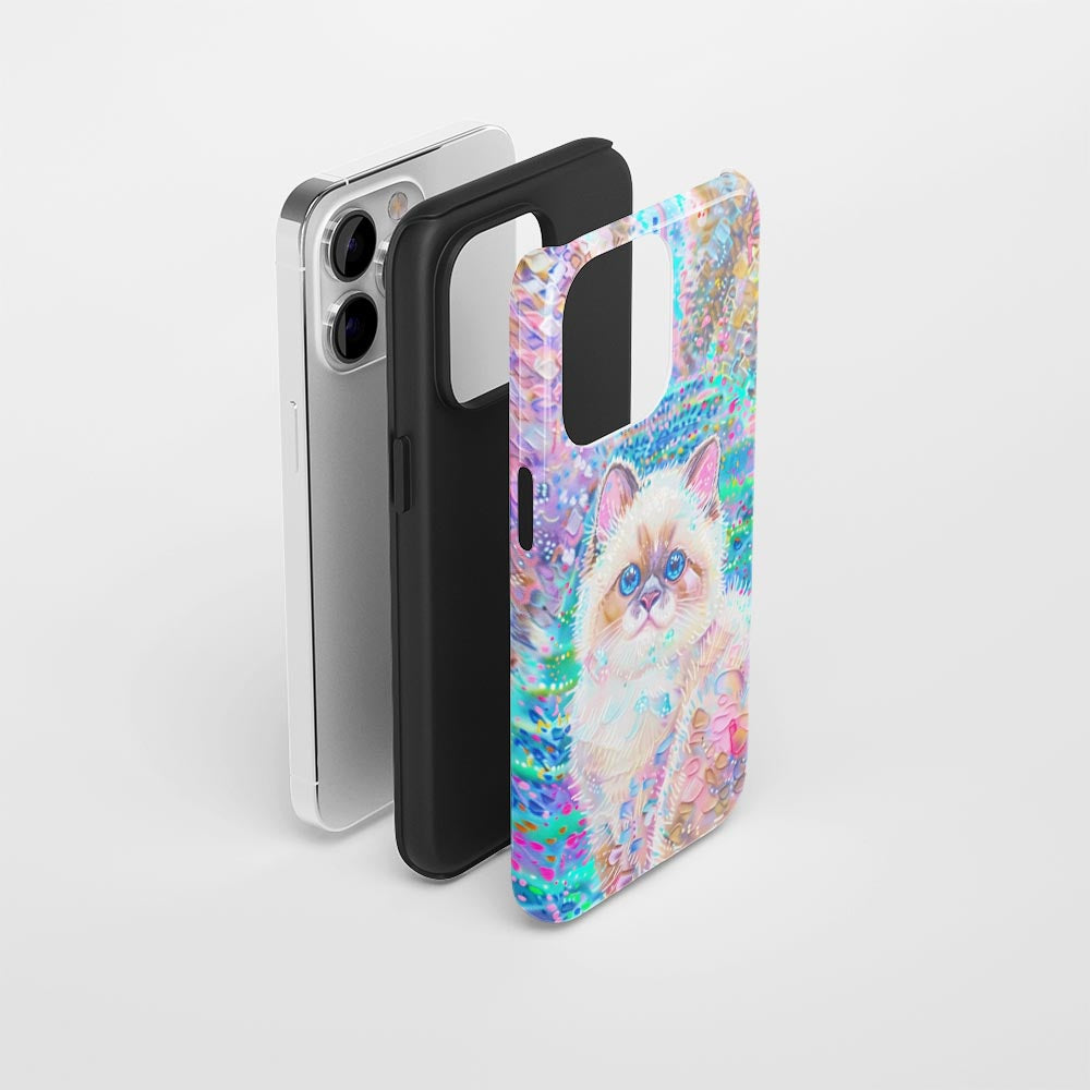 雙層半手工印花硬質霧面布娃娃貓 iPhone 手機殼