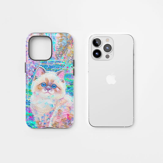 雙層半手工印花硬質霧面布娃娃貓 iPhone 手機殼