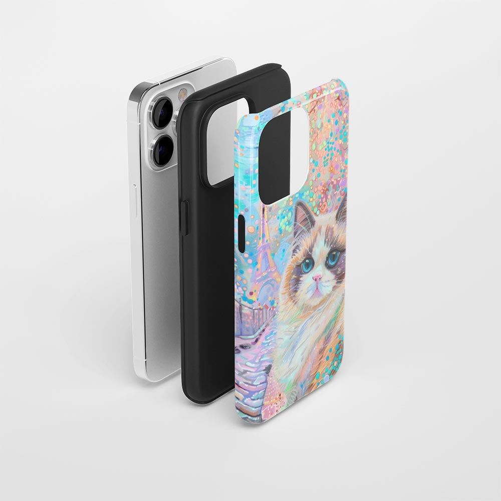 雙層半手工印花硬質霧面布娃娃貓 iPhone 手機殼