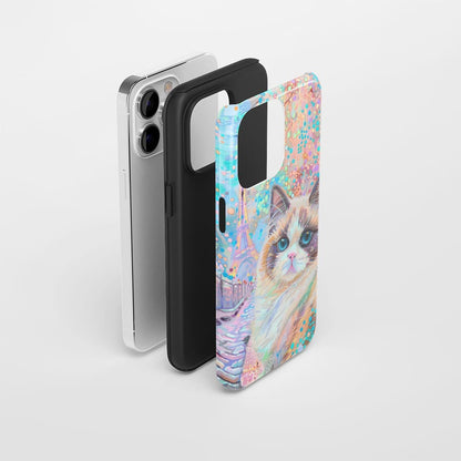雙層半手工印花硬質霧面布娃娃貓 iPhone 手機殼