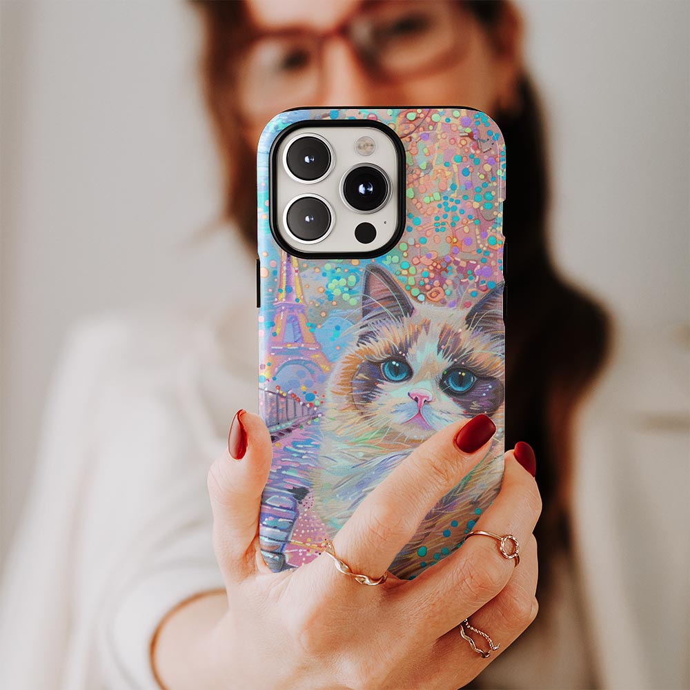 雙層半手工印花硬質霧面布娃娃貓 iPhone 手機殼