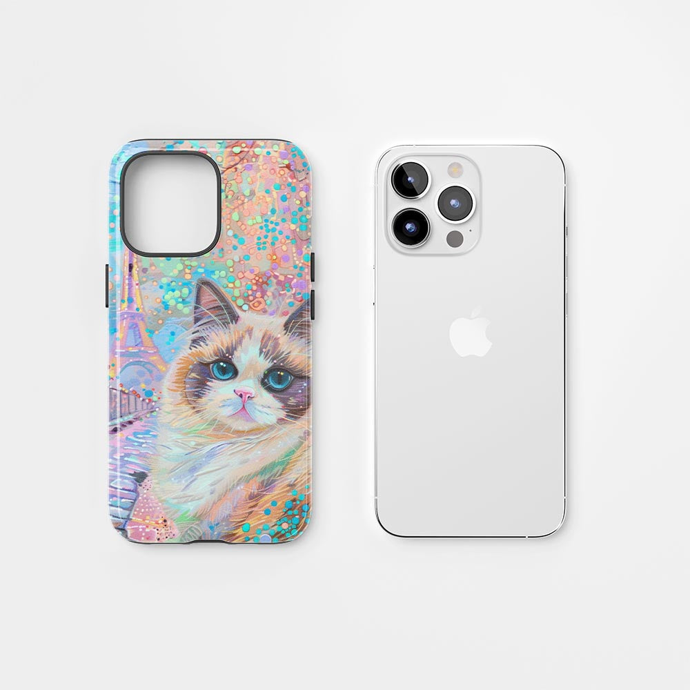 雙層半手工印花硬質霧面布娃娃貓 iPhone 手機殼