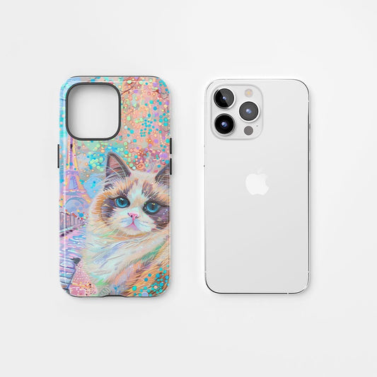 雙層半手工印花硬質霧面布娃娃貓 iPhone 手機殼