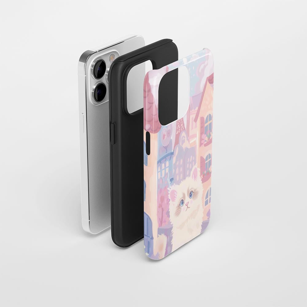 雙層半手工印花硬質霧面布娃娃貓 iPhone 手機殼