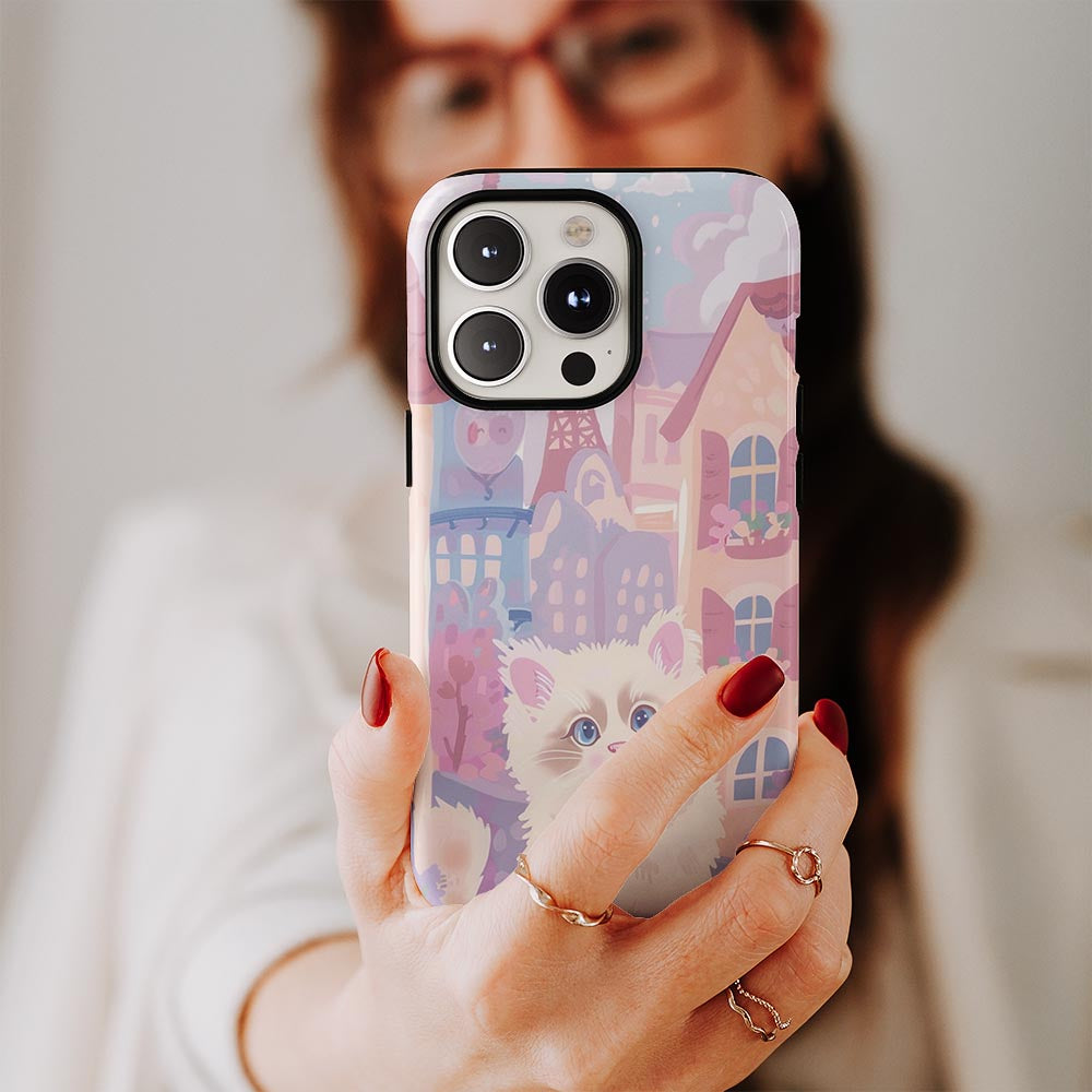 雙層半手工印花硬質霧面布娃娃貓 iPhone 手機殼