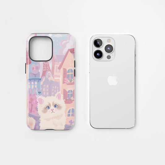 雙層半手工印花硬質霧面布娃娃貓 iPhone 手機殼
