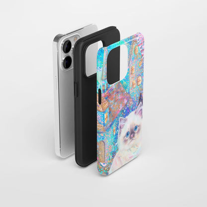 雙層半手工印花硬質霧面布娃娃貓 iPhone 手機殼