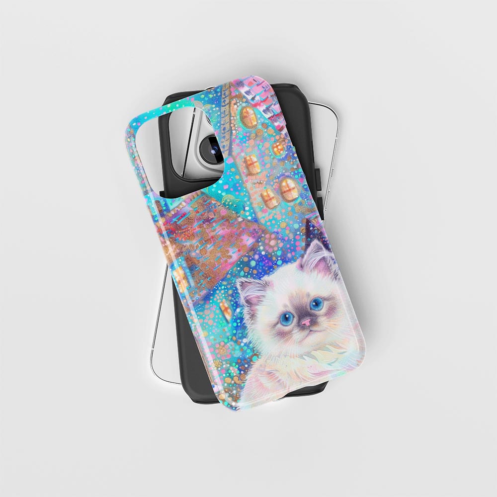 雙層半手工印花硬質霧面布娃娃貓 iPhone 手機殼