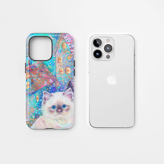 雙層半手工印花硬質霧面布娃娃貓 iPhone 手機殼