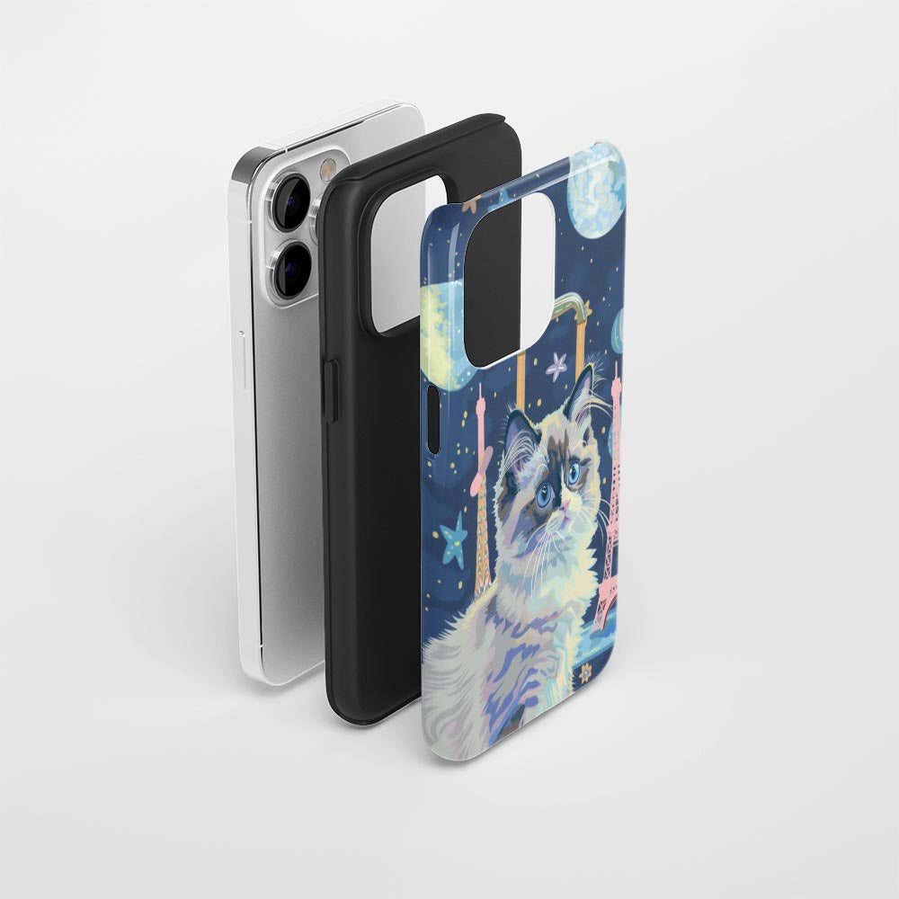 雙層半手工印花硬質霧面布娃娃貓 iPhone 手機殼