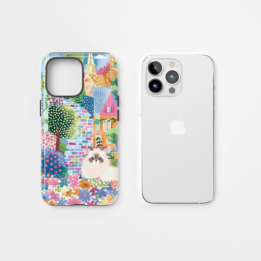 雙層半手工印花硬質霧面布娃娃貓 iPhone 手機殼